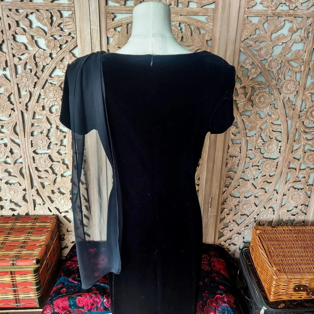 Vintage 1990s Black Velvet Scarf Formal Pencil Wiggle Maxi Dress - Picture 3 of 6